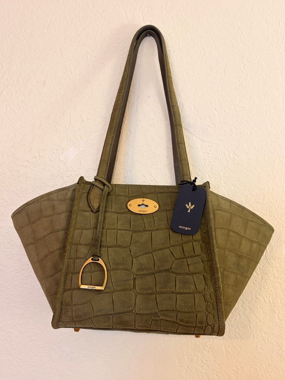 Margot Phoebe M Olive Green Croc-Embossed Suede Tote with Gold Hardware